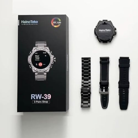 Haino Teko Germany RW39 Round Shape Large Screen AMOLED Display Smart Watch With 3 Pair Straps and Wireless Charger For Men's and Boys Black