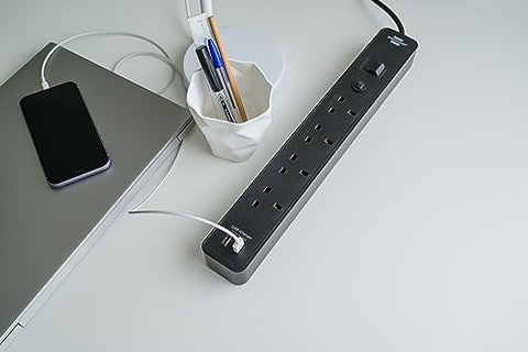 Brennenstuhl Ecolor, 4 Way Extension Lead With USb Slots Power Strip 4 Way With Safety FUSe Button, 2X USb Charging Units, Power Switch And 3M Cable, 90° Angle Of Sockets, Black, 1153243006