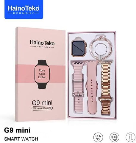 Generic Heino Teko Germany G9 Mini Smart Watch with 3 Strap Options, Wireless Charger and Phone Case Bundle, 41mm Display, Gold