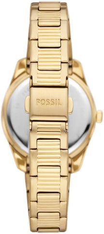 FOSSIL SCARLETTE CASUALQUARTZ/3 HAND DAY-DATE STAINLESS STEEL GOLD CASE STAINLESS STEEL BAND WOMENS WATCH - ES5206