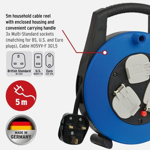 Brennenstuhl Vario Line Multistandard 3-way socket cable box (sockets fitting for BS, U.S. and EURO plugs), portable 5m extension cord in plastic box with carrying handle, Made in Germany