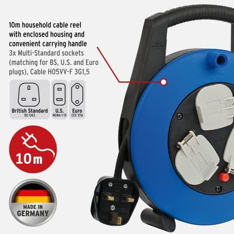 Brennenstuhl Vario Line Multistandard 3-way socket cable box (sockets fitting for BS, U.S. and EURO plugs), portable 10m extension cord in plastic box with carrying handle, Made in Germany