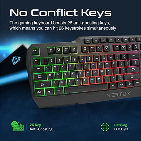 Vertux, Combo Pack 4-in-1 Gaming Backlit Anti-Ghosting Keyboard, Gaming Mouse 3600 dpi, RGB Mat, Headphones with Microphone, VertuKit