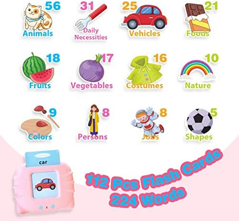 SHOWAY112 Cards Talking Flash Cards for Toddlers 2-5 Years, Toys for 1 2 3 4 5 Year Old-Speech Therapy Toys Learning Animals Shape Color, Learning Cards Machine Birthday Gift for Ages 1-5R