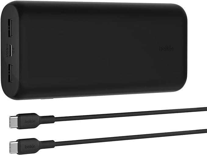 Belkin BoostCharge 3-Port Compact Power Bank 20K with PD 20W, Portable Charger for iPhone 15, 14, 13, 12, AirPods, Samsung Galaxy, Pixel and More, Travel-Friendly Design with 12in USB-C to USB-C Cable