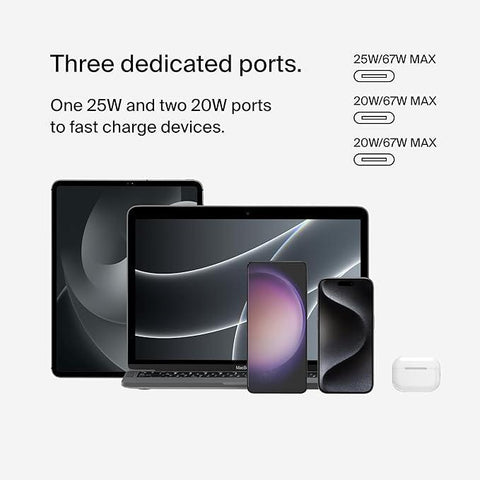 Belkin BoostCharge 3-Port USB-C Wall Charger with PPS 67W, USB-C PD 3.1 Enabled Fast Charging iPhone Charger for iPhone 15 Series, MacBook Pro, AirPods, Galaxy, and more, USB-C to USB-C cable included