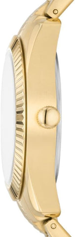 FOSSIL SCARLETTE CASUALQUARTZ/3 HAND DAY-DATE STAINLESS STEEL GOLD CASE STAINLESS STEEL BAND WOMENS WATCH - ES5206