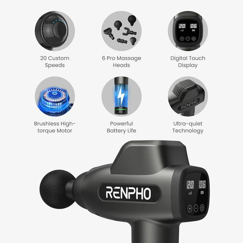 RENPHO Percussion Massage Gun, Professional Powerful, 20 Speeds with 6 Massage Heads