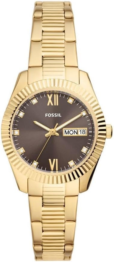 FOSSIL SCARLETTE CASUALQUARTZ/3 HAND DAY-DATE STAINLESS STEEL GOLD CASE STAINLESS STEEL BAND WOMENS WATCH - ES5206