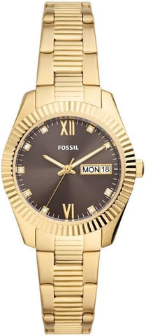 FOSSIL SCARLETTE CASUALQUARTZ/3 HAND DAY-DATE STAINLESS STEEL GOLD CASE STAINLESS STEEL BAND WOMENS WATCH - ES5206